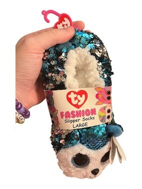 Ty Fashion Sequin Plush Slipper Socks - Blue & White Size Large 4-6